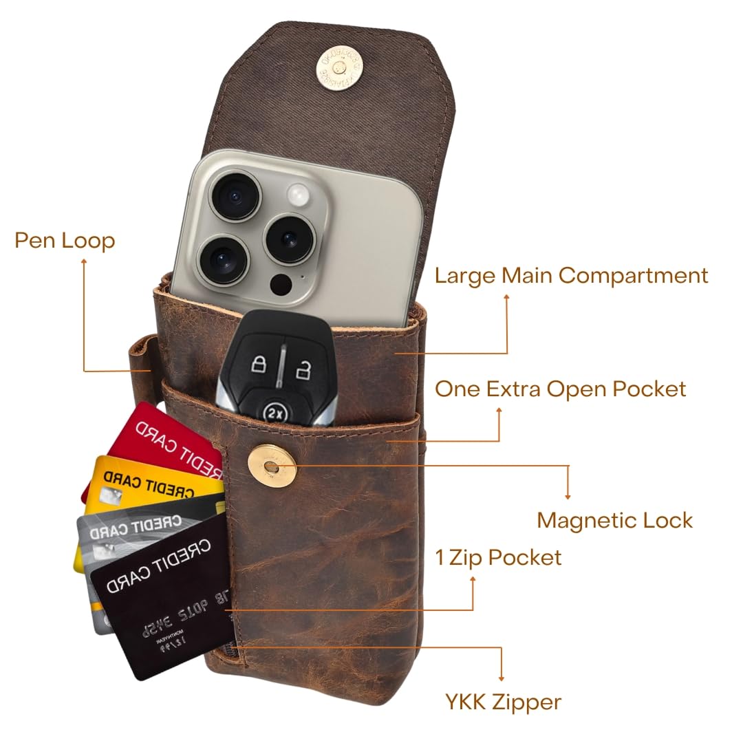 Autentico Genuine Leather Phone Holster Pouch with Belt Clip Cell Phone Cover 8X4 Magnetic Closure ID Card Holder Brown Universal Case for iPhone Samsung Galaxy Google Pixel Leather All Smart Phones