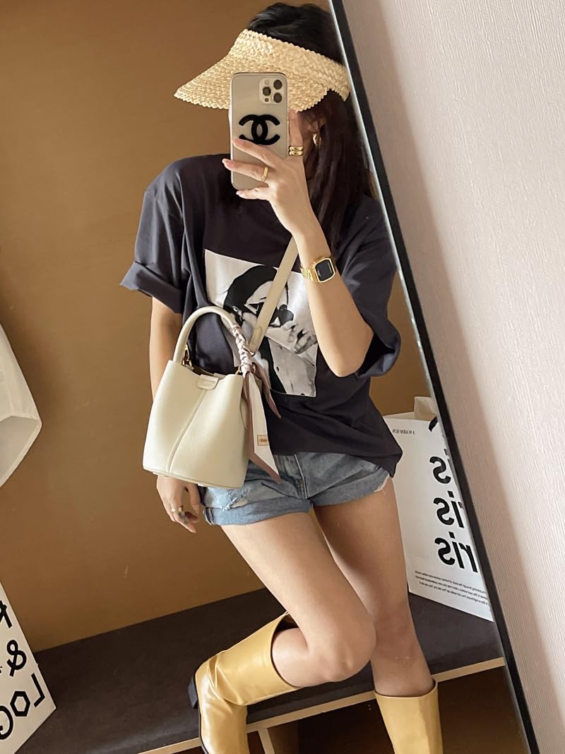 RTPRTP Small Crossbody Bags for Women, Vegan Leather Mini Bucket Handbag with Scarf, Removable Shoulder Strap Purse (white)