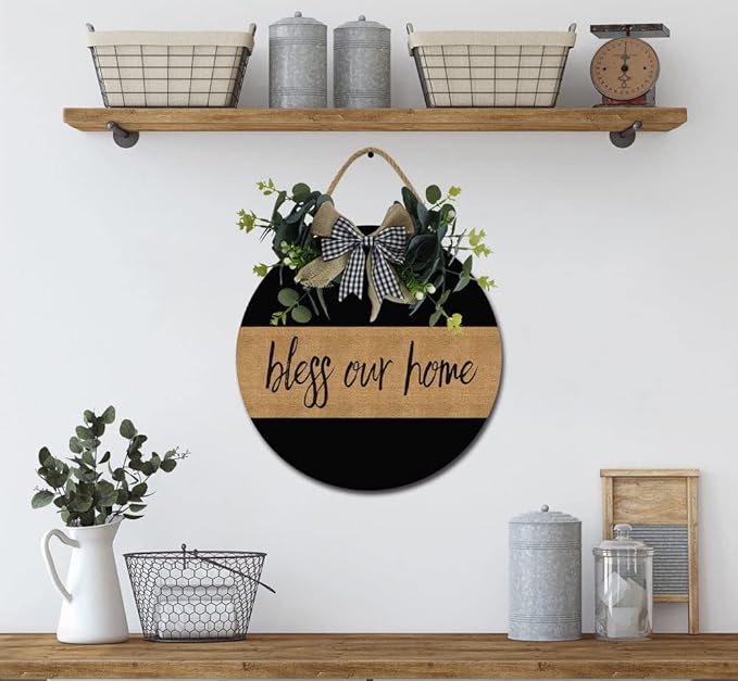 Bless Our Home Front Door Sign Funny Wreaths Hanging Wooden Plaque Decoration Round Rustic Wood Farmhouse Porch Decor for Home Front Door Decor, 11 x 11 Inch