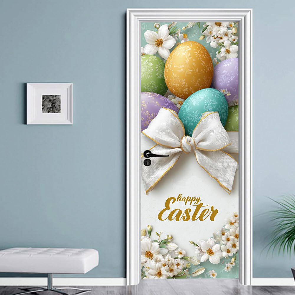 WDESYADMS Door Stickers 30.3x78.7 Inch PVC Easter Egg Floral Design Peel and Stick Decorative Door Cover for Home Entryway Bedroom Apartment Hallway Adds Seasonal Charm and Simple Festive Update