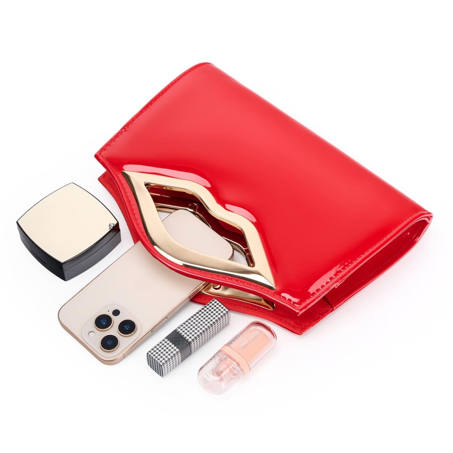 DETARA Patent Leather Evening Clutch Purse for Women Lip Metal Grip Handle Handbag for Cocktail Party Prom (Red 1386)