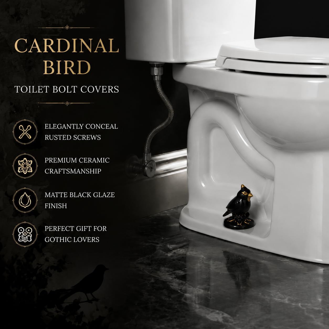 Cardinal Bird Toilet Bolt Covers, 2 Pcs Matte Black Ceramic Toilet Screw Cover Caps with White Floor Bolt Caps & Washers, Gothic Bathroom Decor