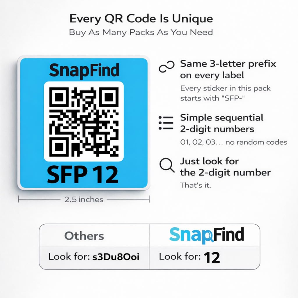 SnapFind Smart QR Code Labels – AI Auto-Labeling, No Typing! Storage Bins & Moving Containers – iOS and Android App – 48 Color-Coded Stickers (2.5" x 2.5")