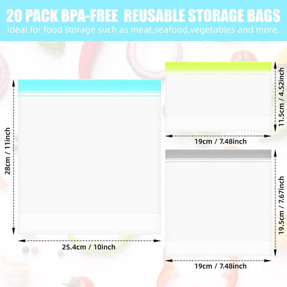 Reusable Freezer Bags - Dishwasher Microwave Safe, Stand Up Silicone and BPA Free Sandwich Bags, Leakproof Food Storage Bags for Meal Prep - 20 Gallon (20 Packs)