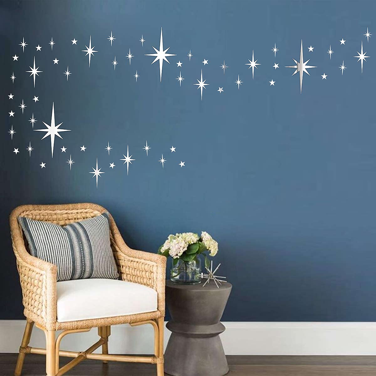 Easma Retro Starburst Mirror Wall Decals Silver 3D Acrylic Sparkle Wall Decors Star Walls Stickers Removable Stars Decals Bathroom Bedroom Living Room Home Walls Decors(123pcs)