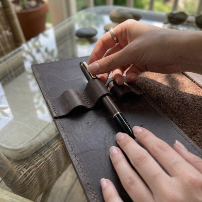 TORAKIP Leather Sketchbook Cover A5 – Refillable Notebook Holder with Pen Loops & Strap Closure, Genuine Leather Journal Cover for Artists & Writers, Fits 5.8" x 8.3" (Paper Not Included), Brown