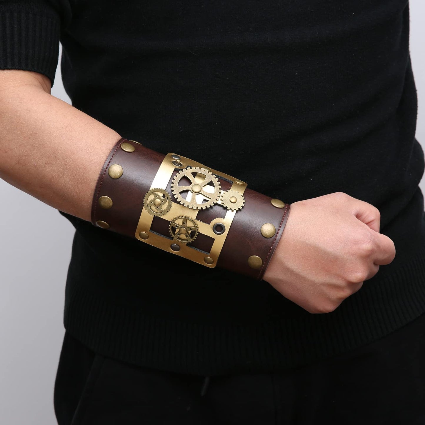 HZMAN Men's Gothic Steampunk Bracers, Leather Arm Guards for Women, Medieval Wristband for LARP/COSPLAY, One Size Adjustable