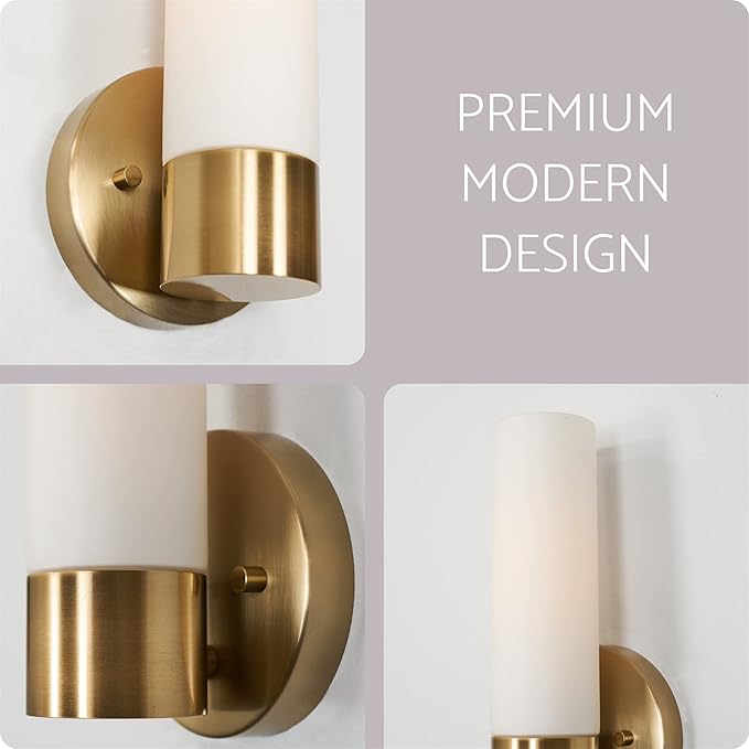 Kira Home Sol 10" Modern Wall Sconce with Frosted Glass Shade, for Bathroom/Vanity, Cool Brass Finish, 2-Pack