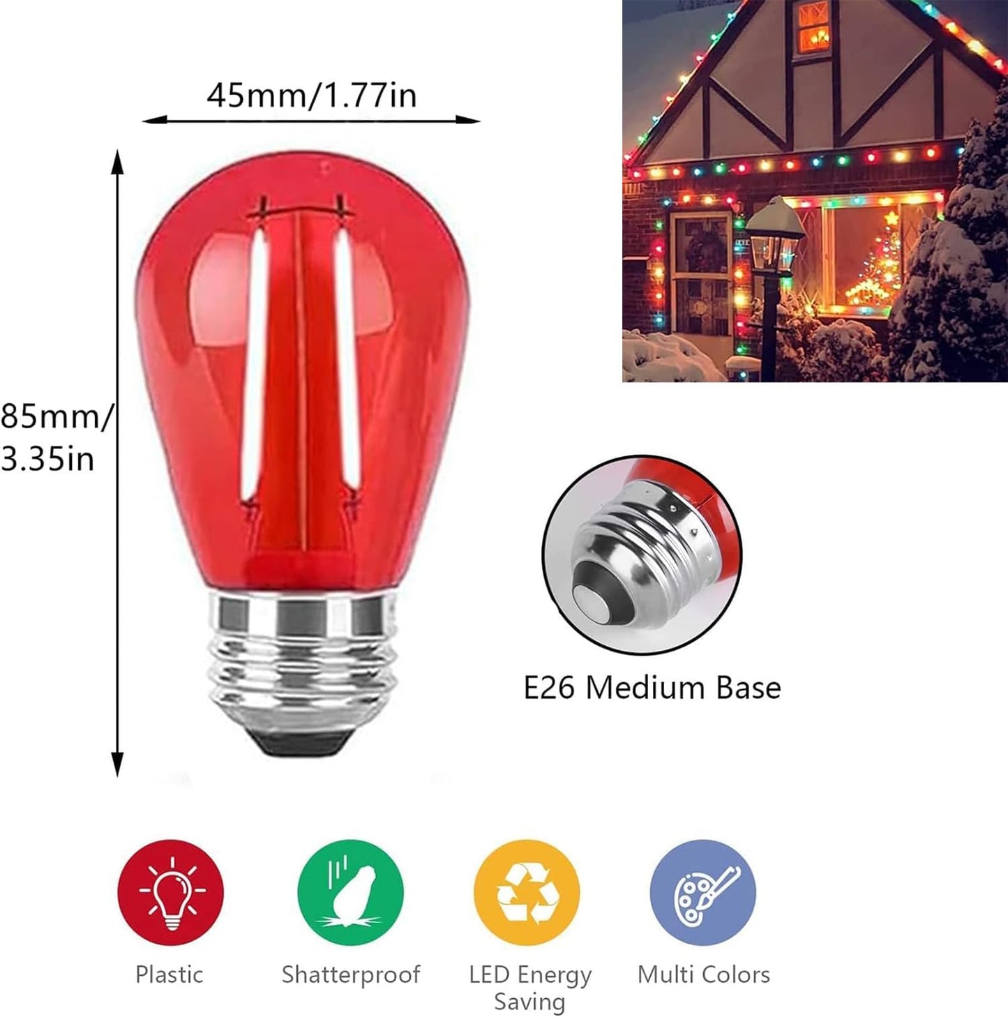 Sxminer 15 Pack S14 LED Bulbs Red Christmas Replacement Bulb 2W S14 Outdoor LED String Light Bulbs E26 Base Edison Bulb Plastic Shatterproof Decorative Bulbs for Home Patio Party Christmas Decor