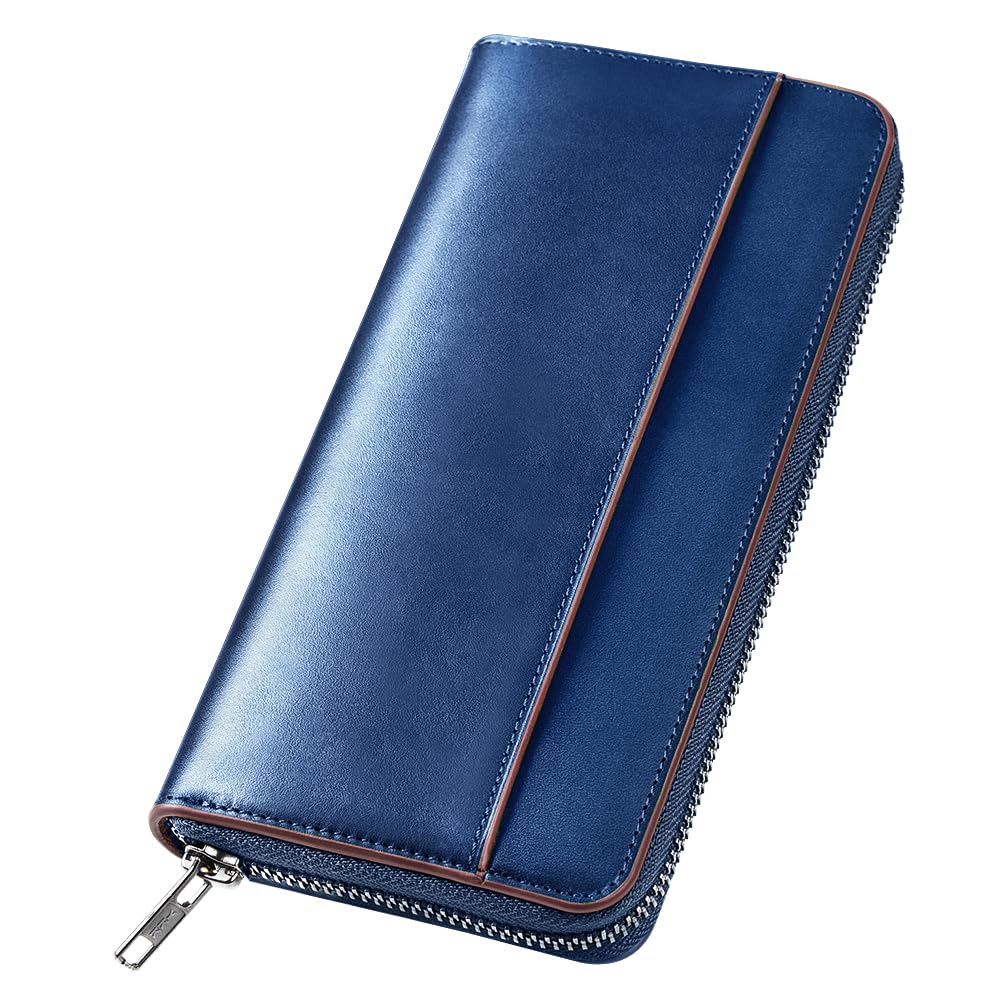 Plinvo Men's Long Genuine Leather Wallet Large Capacity Zippered Pouch with Coin Purse Stylish and Unisex Black (Blue)