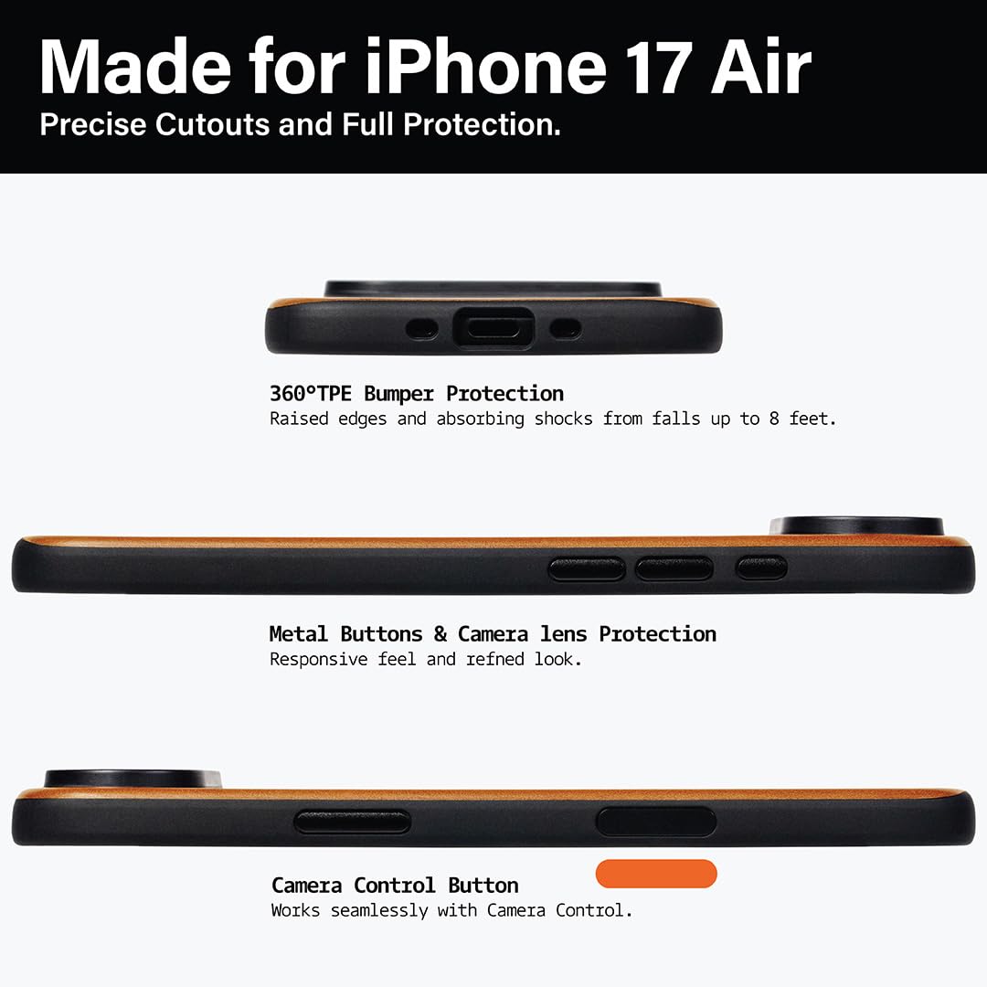 KORDIZ Impact Leather Case for iPhone 17 Air – Full-Grain Leather MagSafe Case with Camera Control Button – 360° Shockproof Bumper – Rugged Patina-Ready Protection – Slim Grip Cover (English Tan)