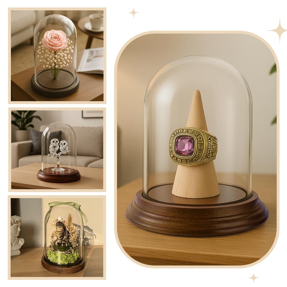 PH PandaHall 4.2" x 5.5" Glass Display Dome Cloche, Clear Bell Jar Display Case Glass Dome Tabletop Centerpiece with Solid Wood Base for DIY Snow Globes Flowers Plants Birthday Home Decor, Deep Brown