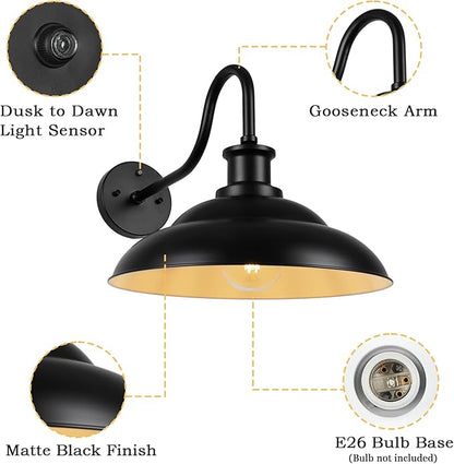 Dusk to Dawn Gooseneck Barn Light Outdoor, 16 Inch Farmhouse Wall Sconce, Vintage Exterior Wall Mount Lighting Fixture, Waterproof Black Lantern for Porch Garage