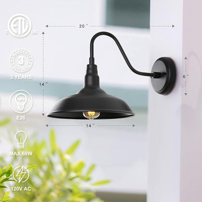 14 Inch Outdoor Gooseneck Light Fixture for Porch, 2 Pack Large Exterior Barn Lights for Farmhouse, Black Outside Wall Sconce for Porch Patio Garage