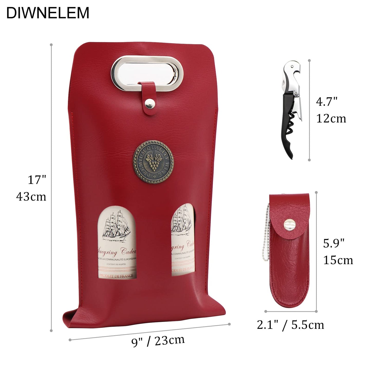 DIWNELEM Leather Wine Bag Leather Wine Gift Bags with Wine Opener Wine Tote Carrier Bag Champagne Beer Bottle Bags for Wedding, Birthday,Travel, Wine Tasting Parties,Christmas-Red 2 Bottles
