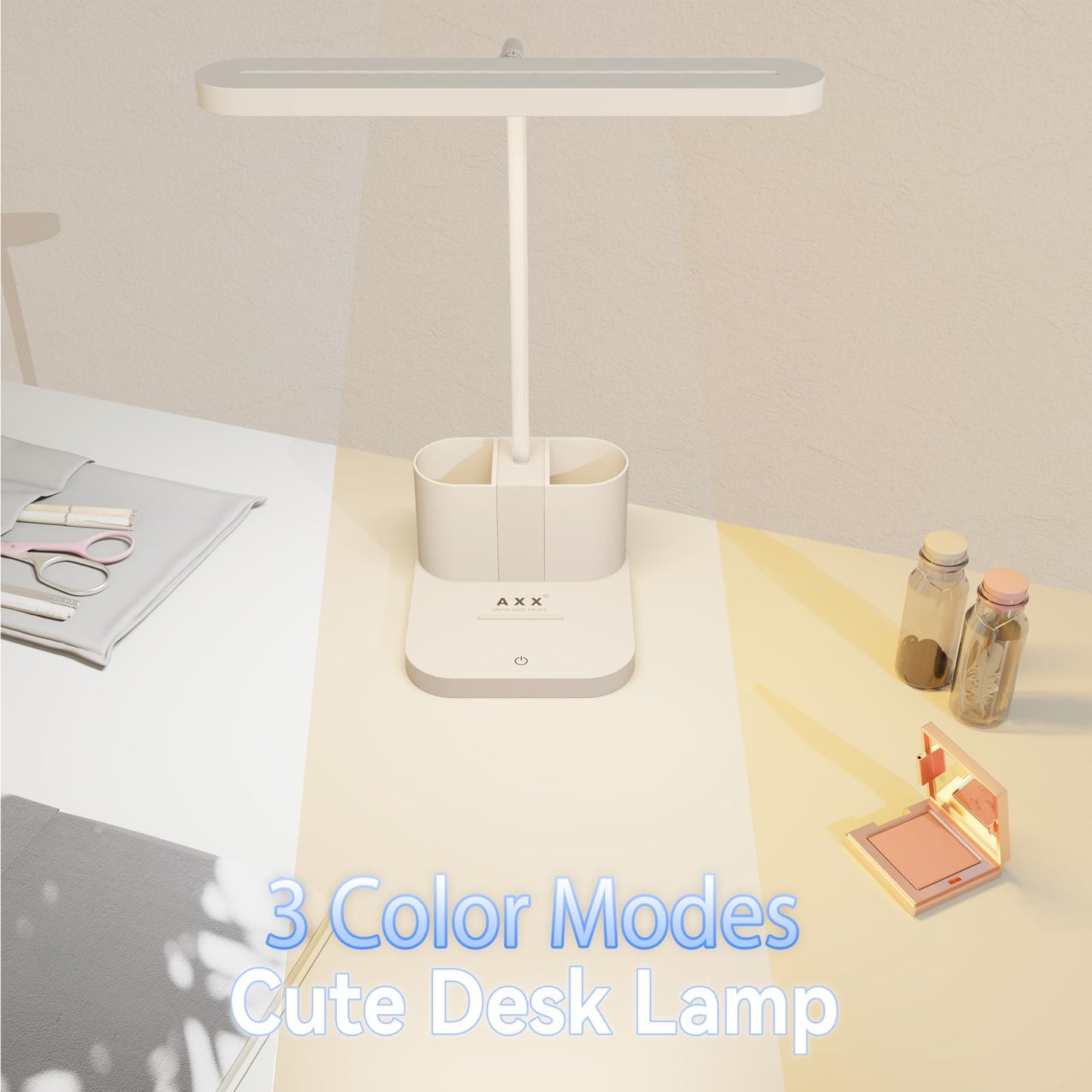 AXX White Desk Lamp for College Dorm Room, Cute, LED, Dimmable, Small, Pen Holder, Flexible Gooseneck, Touch Control, Table Lights for Home Office Bedrooms, School Essentials for Girls Guys
