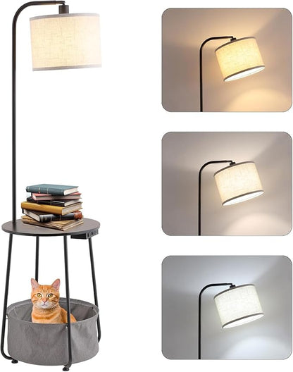 Floor Lamp with Cat Bed and Charging Station, Adjustable Lampshade, 3 Color Temperatures, Remote & Foot Switch Control, Standing Lamp with USB & AC Outlets for Living Room Bedroom, Black