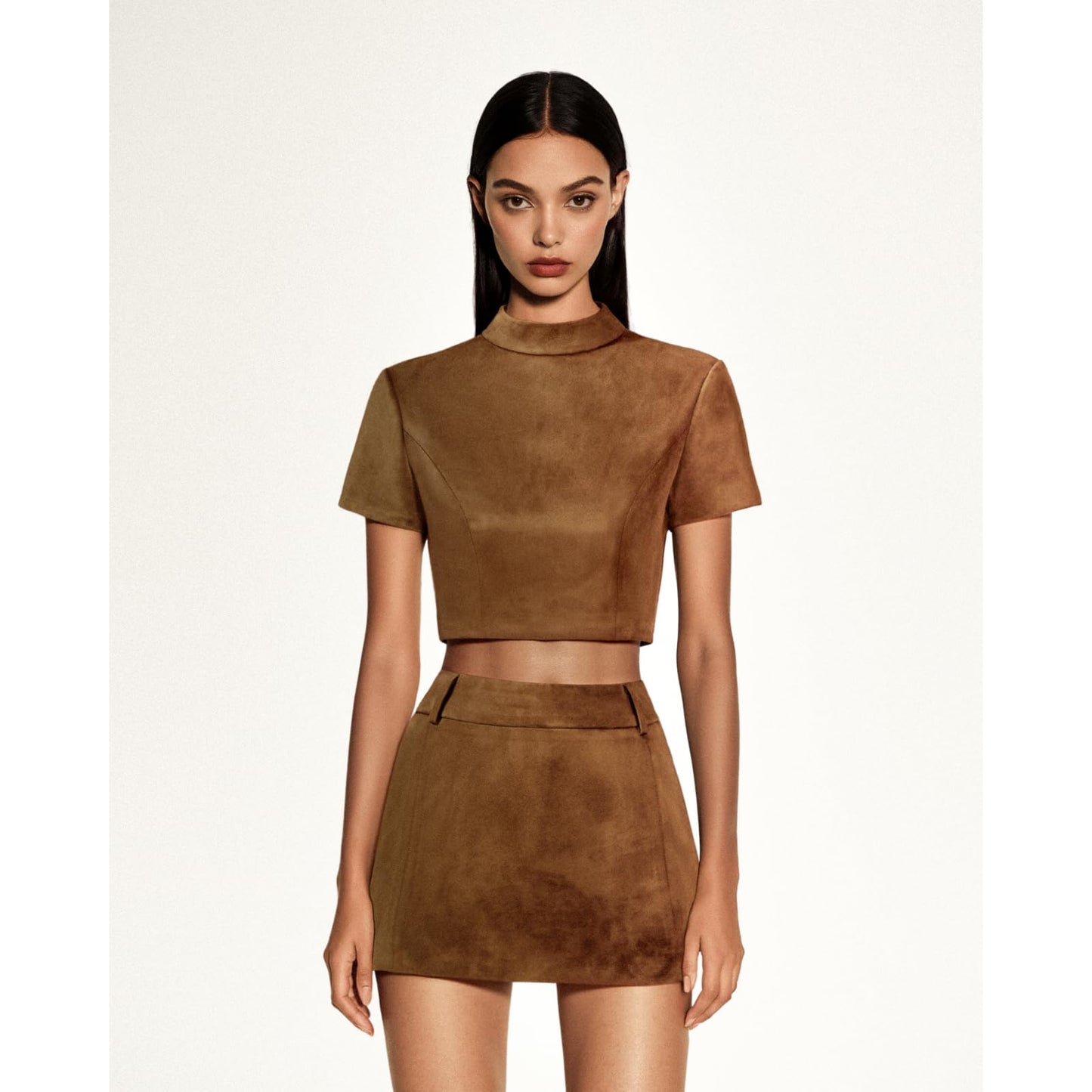 JW PEI Women's Grace Faux Suede Crop Top and Mini Skirt Set - Camel