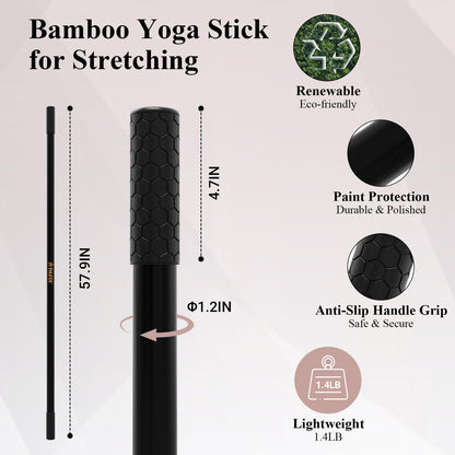 PAETA Yoga Stick for Stretching, 5ft Exercise Stick for Mobility & Flexibility, Bamboo Stretch Bar and Posture Pole with Non-Slip Grip - Includes Free Video Guide, Black