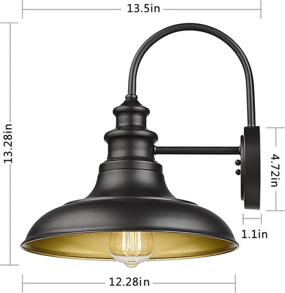 Outdoor Barn Light Fixture Farmhouse Wall Mount Light Gooseneck Wall Sconce Exterior Wall Lighting Fixture Industrial Black Finish Lantern for Porch with Gold Interior, 4Pack, RZ004-4PACK BK