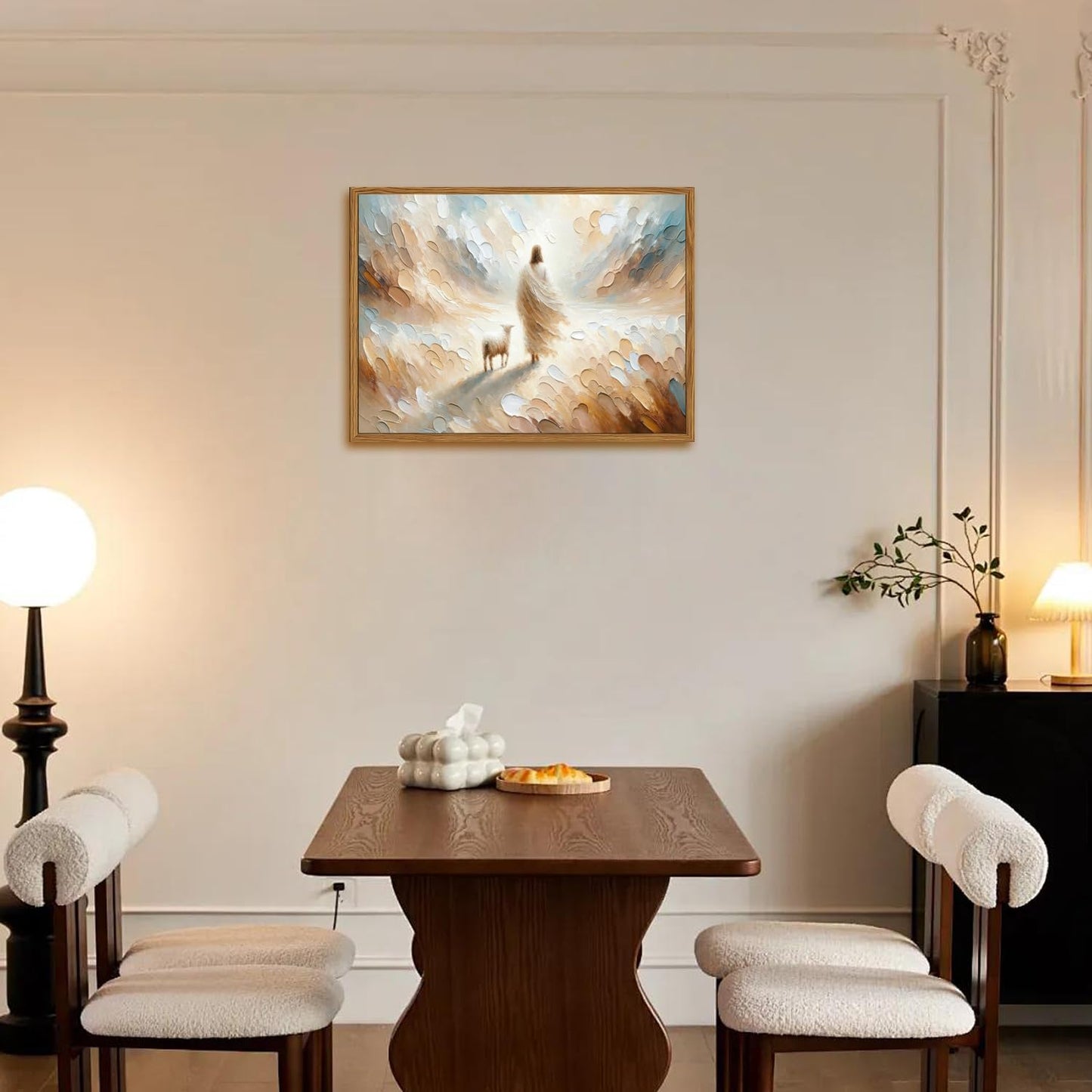 Framed Jesus leaves the 99 Sheep Canvas Wall Art, Christian Jesus and Lamb Wall Decor Paintings, Bible Good Shepherd Poster Prints Religious Home Decor for Living Prayer Room Church 12x16 inch