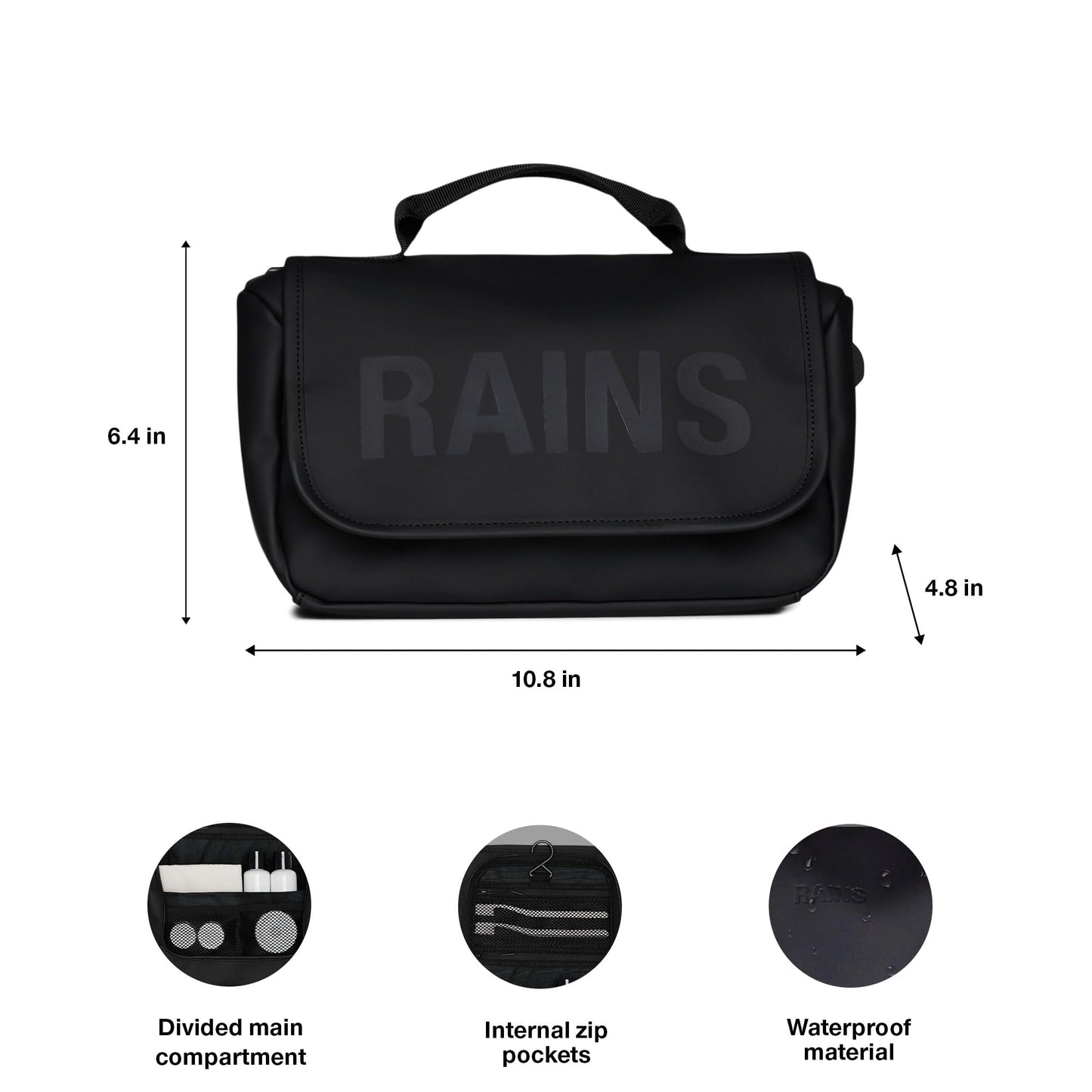 RAINS Texel Wash Bag – Black Waterproof Toiletry Travel Organizer for Men and Women - Wash Bag with Zip Closure and Multiple Compartments – 2 Year Warranty
