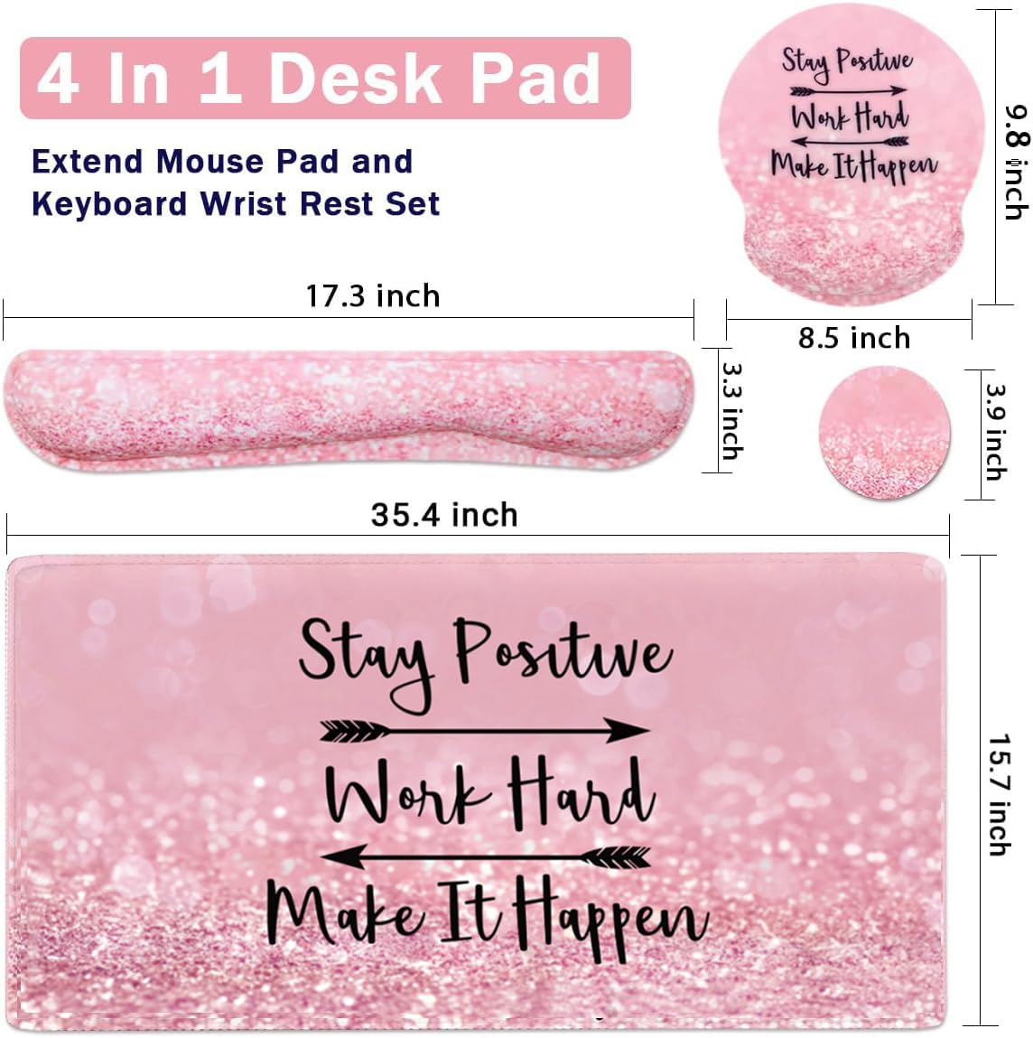 4-in-1 Gaming Mouse Pad Wrist Support Set，Desk Pad + Mouse Pad with Wrist Rest + Keyboard Wrist Rest + Coaster, Ergonomic Design for Home Office Study Game - Pink Stay Positive