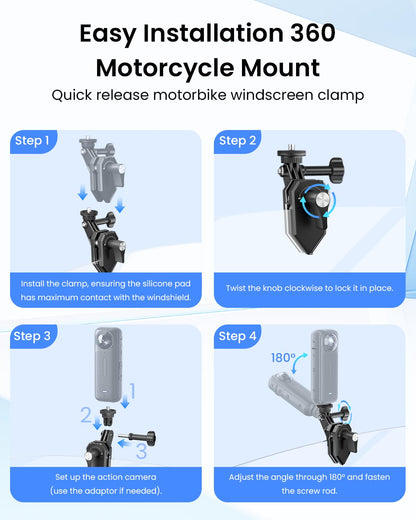 Maectech Motorcycle Windshield Clip Camera Mount for Insta360 X5/X4/X3 for GoPro for DJI Osmo Action Motorcycle Mount Clamps for Insta360 X5 Accessories