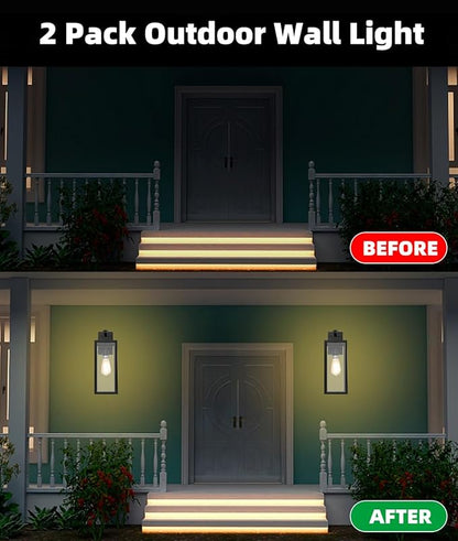 2 Pack Large Outdoor Wall Sconce, 18 Inch Black Wall Lantern Large Size Porch Light for House Outside Wall Light Fixture for Garage, Patio Light with with Glass Shade, E26 Socket