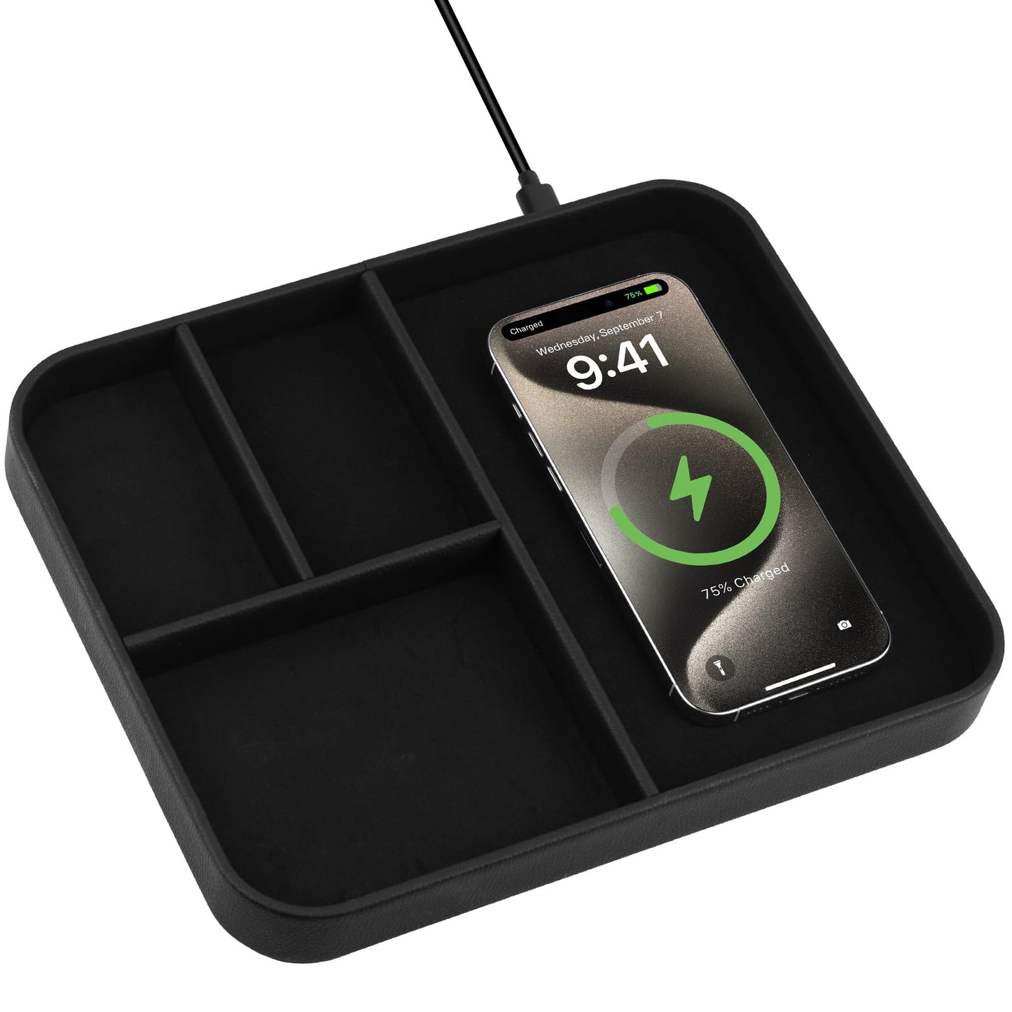 VOVIPO Birthday Gifts Bedside Organiser-Faux Leather Valet Tray With Wireless Charger For Phone And Earbuds,Nightstand Organizer,Mens Jewelry Box,Office Desk Organizers
