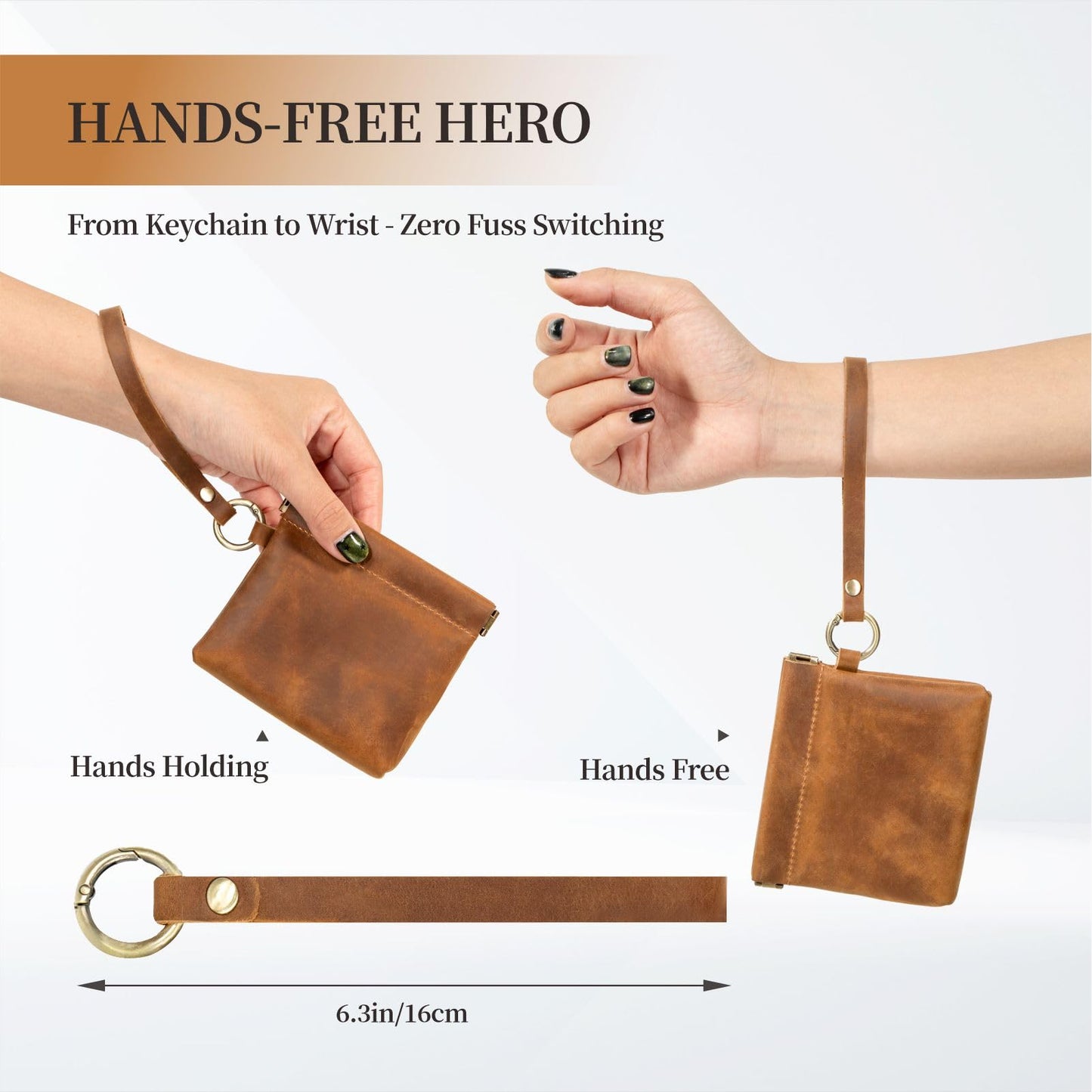 Leather Coin Purse with Wristlet, Aesthestyle Coin Pouch with Dual Interlayer, Card and Change Holder, Easy Clip on without Zipper, Squeeze Coin Wallet, Handmade Genuine Leather Wallet For Men/Women