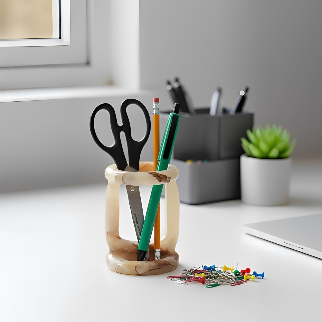 Radicaln Marble Stationary Holder 4" Inches Green Onyx Handmade Pen Holder For Desk, Ideal Pencil Holders & Desk Organizer, Makeup Brush Holder For Women