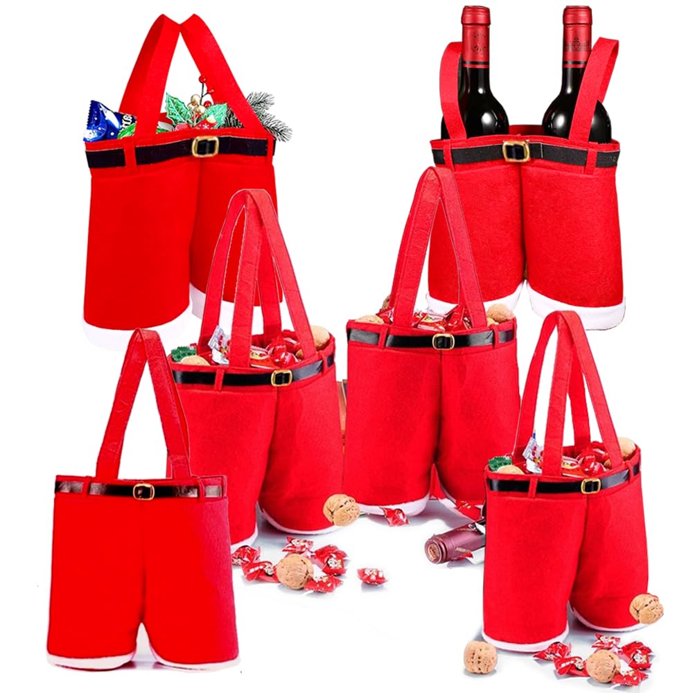 Homecube Large Size Christmas Candy Bag Wine Holders Santa Pants Gift and Treat Bags with Handle Portable Candy Gift Baskets Gift Wrap for Wedding, Pack of 6 (10" L x 15" H)