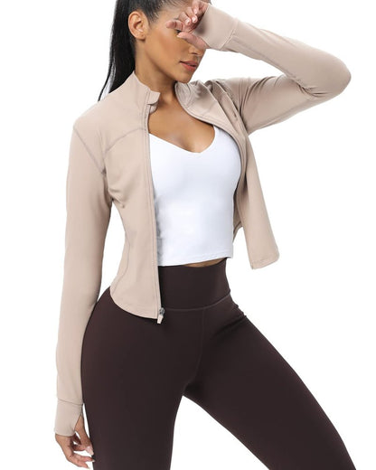 AVGO Women's Cropped Running Workout Jackets Zip Slim Fit Athletic Tops with Thumb Holes(Almond, M)