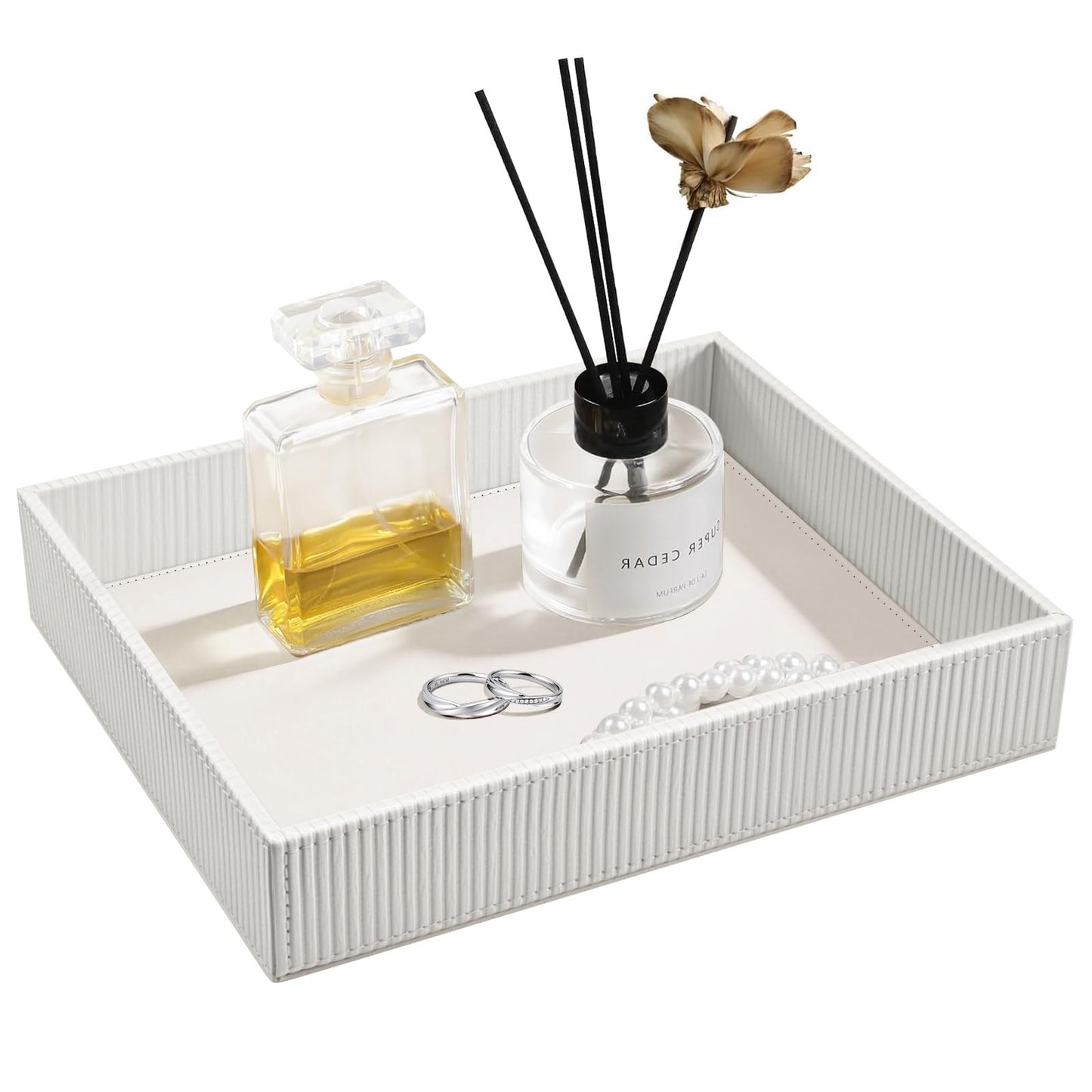 SITHON Valet Tray Desk Organizer, PU Leather Catchall Bedside Vanity Tray Nightstand Caddy Coin Box Key Jewelry Storage Organizer, Graduation, Stripe Pearl White