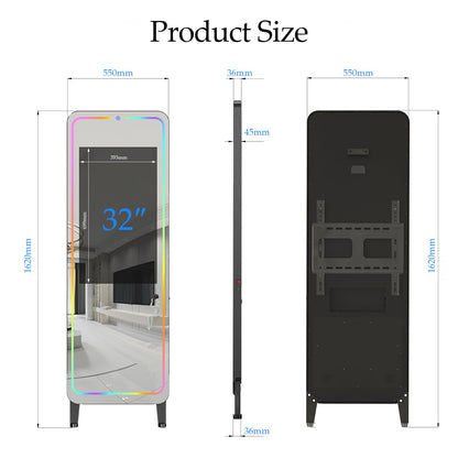 Smart Gym Mirror for Home Workout | 32" HD Touch-Screen Andriod 12 OS | 61" Reflective Surface | No VIP Fees Support Various APP, Voice Control, Music Sync LED Strip Lights, for Home Gym/ Yoga/ Dance