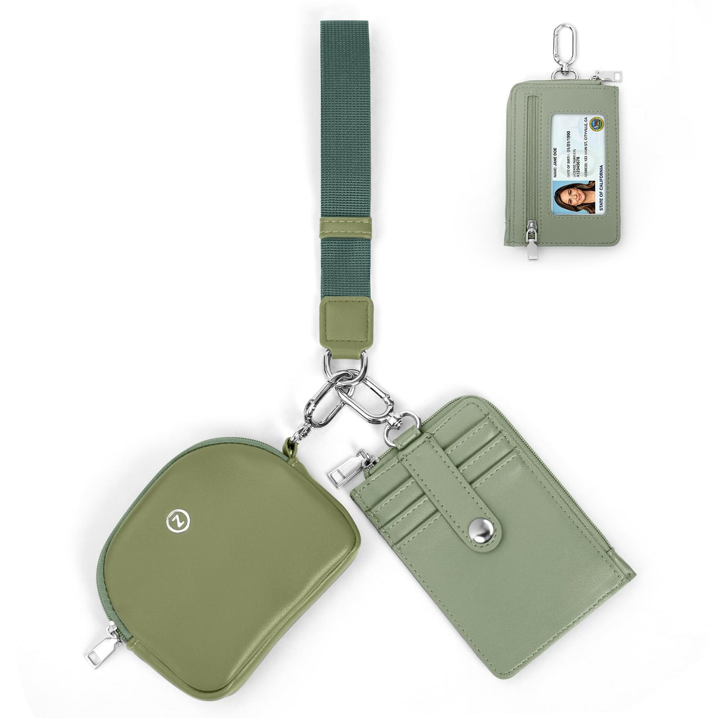 Keychain Wallet Wristlet Wallets for Women, RFID Blocking PU Leather Dual Pouch Wristlet with Card Holder, Slim Detachable Coin Purse for Quick Errands, Gym & Travel, 3-in-1 Zip Wallet Set,Green