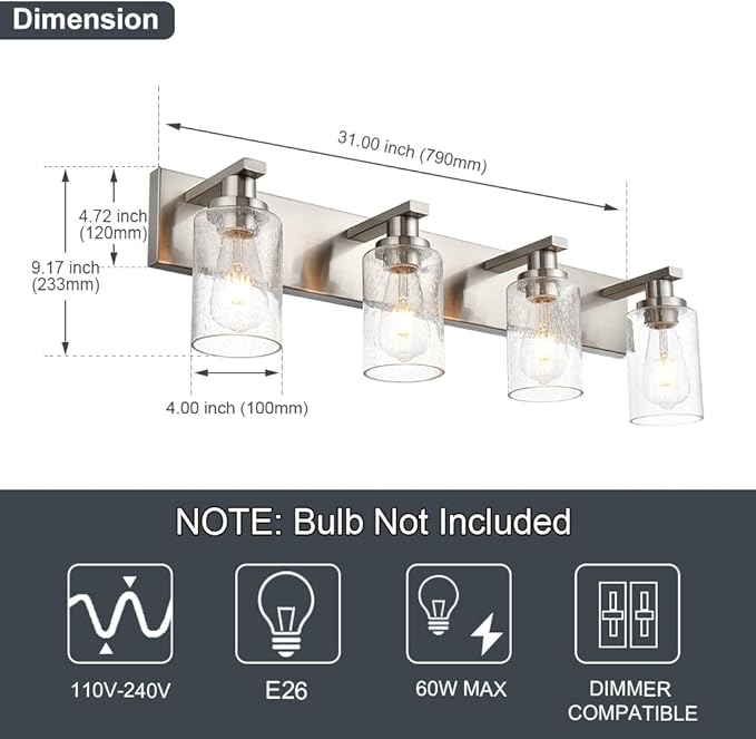 Modern Glass Bathroom Wall Light Fixtures in Brushed Nickel, Vanity Wall Mount Lighting with Seeded Glass Lampshades