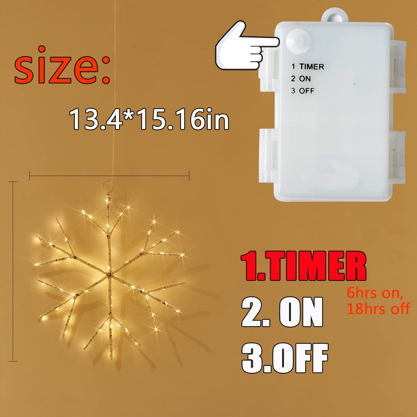 Fudios Lighted Snowflake LED Warm White Battery Operated with Timer 70L Fairy Lights 14in for Christmas Wall Window Winter Decoration Indoor Outdoor use