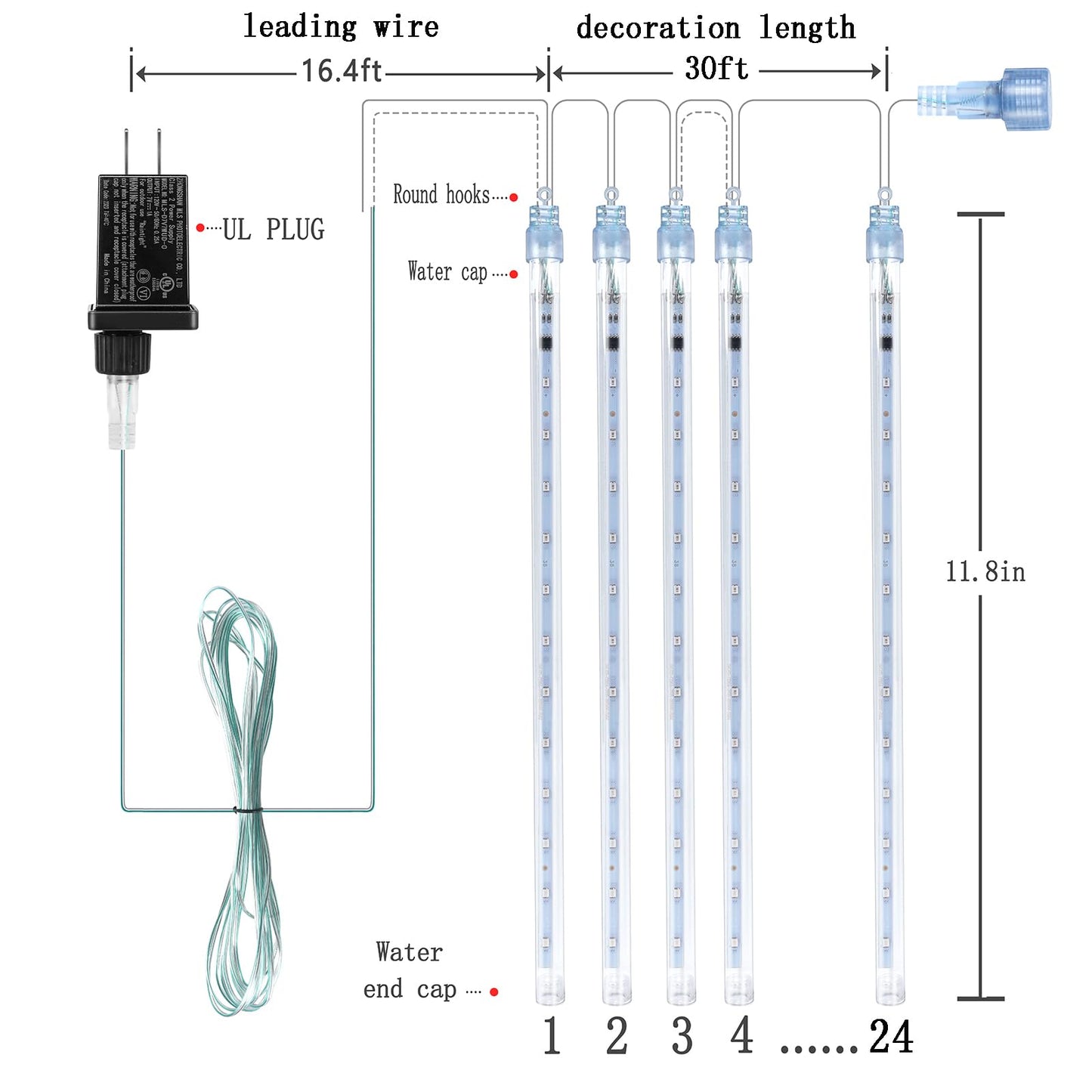 Kwaiffeo Green Christmas Lights, 24 Tubes Meteor Shower Lights(Equivalent to 3 Sets of 8-Tube) for Halloween Christmas Decorations Outdoor, Green Lights for Xmas St. Patrick's Day Party Tree, UL Plug