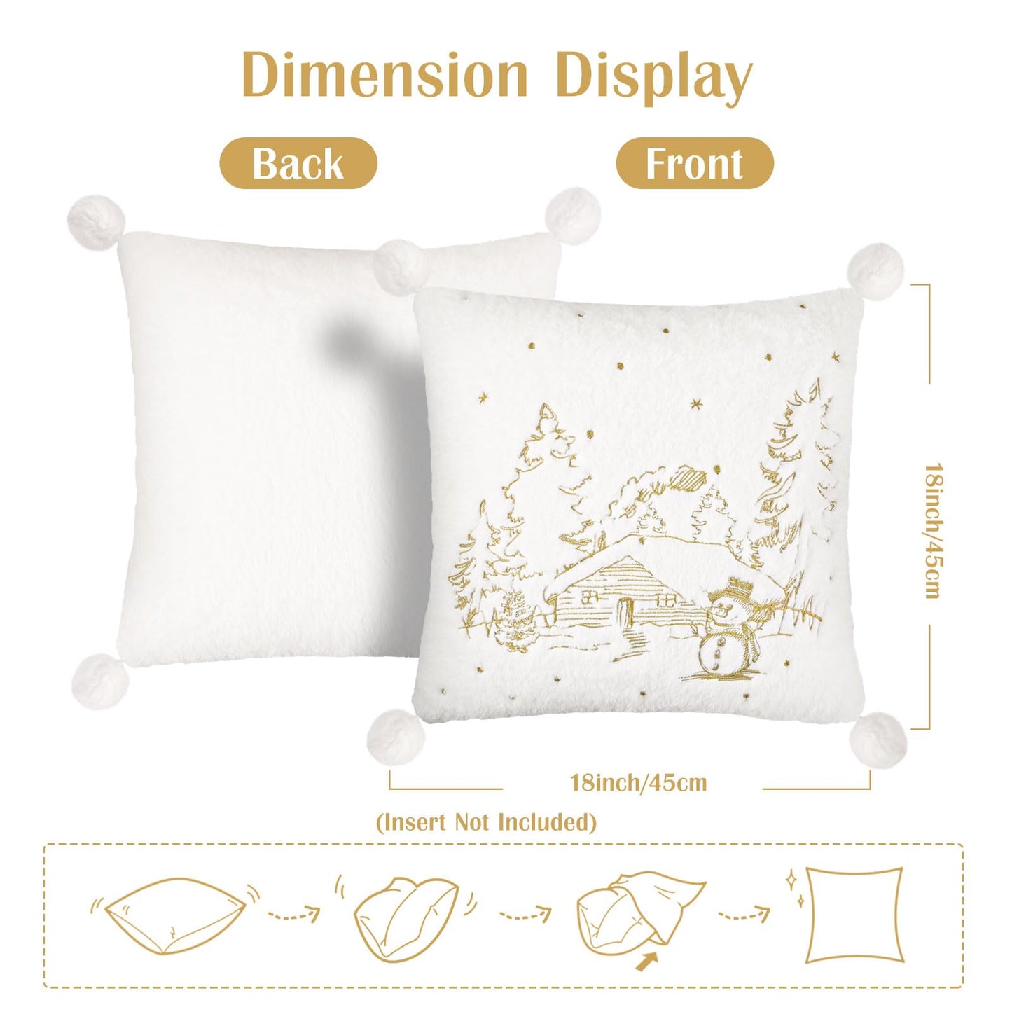 Lewondr Throw Pillow Cover, 18x18 Inch Set of 2 Soft Faux Fur Decorative Pillow Cover with Plush Ball Cute Embroidered Tree House Snowman Throw Pillow Case for Bed Home Decor Living Room, White