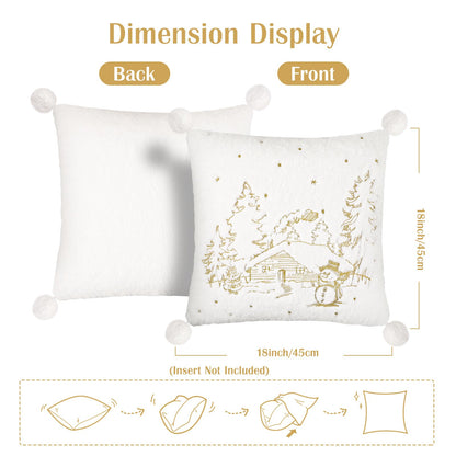 Lewondr Throw Pillow Cover, 18x18 Inch Set of 2 Soft Faux Fur Decorative Pillow Cover with Plush Ball Cute Embroidered Tree House Snowman Throw Pillow Case for Bed Home Decor Living Room, White