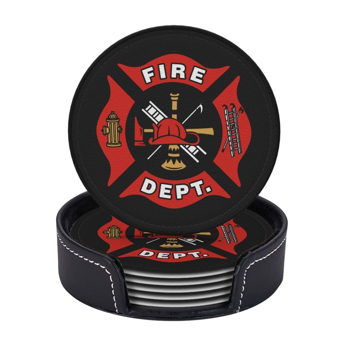 SEPTYK Firefighter Fire DEPT. Logo Rescue Pattern Coasters for Drinks with Holder Set of 6 Leather Round 4" for Home Kitchen Decor Coffee Cup Housewarming