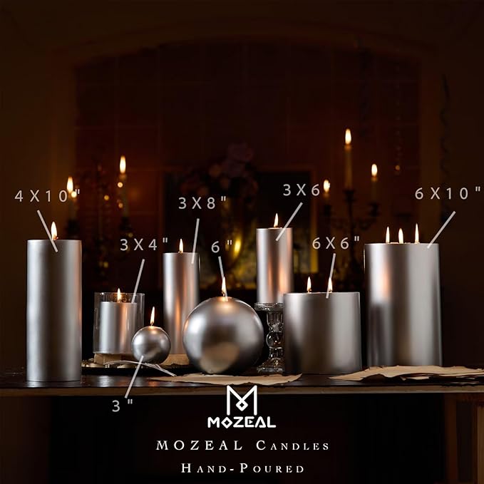 MOZEAL 3" x 6" Hand-Poured Unscented Candle,Dripless Pillar Candle Set of 3,Long Lasting Burning,Approx 120 Hours Burn Time,Rustic Country Style,for Wedding,Dinner,Christmas and Home Decor,Silver