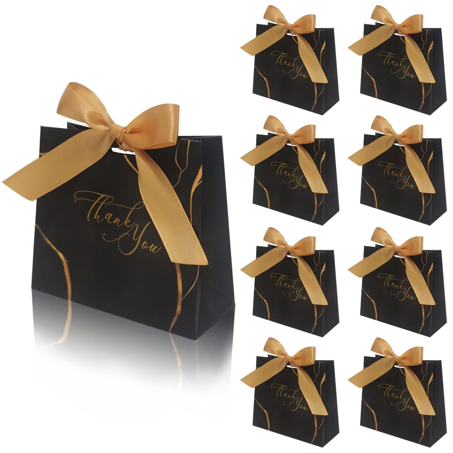 DECHISY 30Pack Small Thank You Gift Bags,Marble Pattern Party Favor Bags with Gold Bow Ribbon,4.5x1.8x3.9Inches,Paper Bags for Birthday Wedding Bridesmaid Holiday Valentines Day (Black)