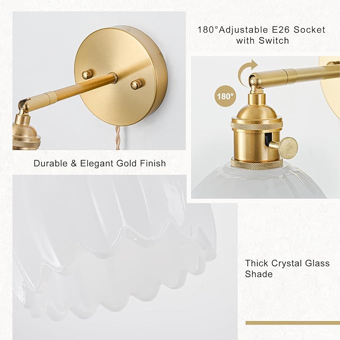 Plug in Wall Sconce, Vintage Sconce Light with Tulip Milk White Glass Lampshade, 180° Adjustable Wall Sconce with Switch and Plug in Wall Lamp Cord, Gold Wall Light for Bedroom Bedside