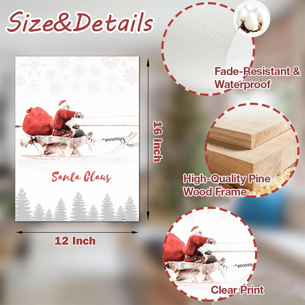 Framed Christmas Wall Art, 3 Pack 12x16 Inch Santa Claus with Sleigh Deer Canvas Pictures for Bedroom Office Home Decor