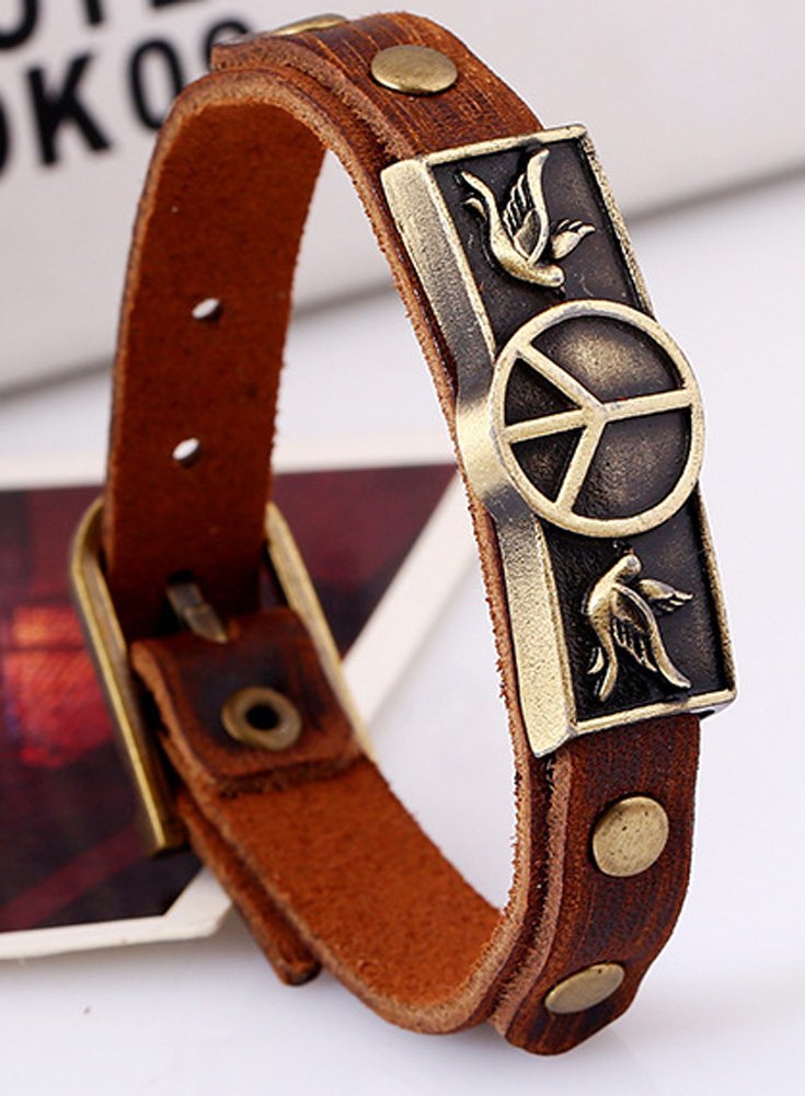 Hamoery Men Punk Leather Buckle World Peace Alloy Cuff Bracelet Bangle Wristband(Peace)