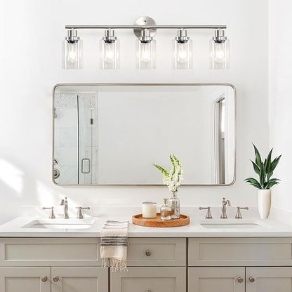 5-Light Bathroom Vanity Lights, E26 Modern Brushed Nickel Bathroom Light Fixtures with Clear Glass Shade, Mirror Kitchen Hallway Cabinet Living Room Sconces Wall Lights