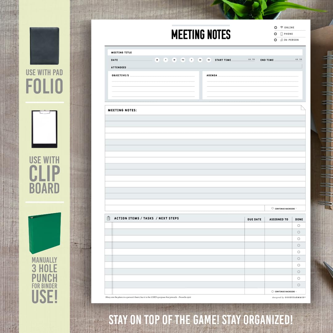 Goody Farm Meeting Notepad - 8.5 x 11-50 Sheets Double Sided Work School Meeting Pad Objectives, Agenda, Notes, Action, Tasks, Project Pads